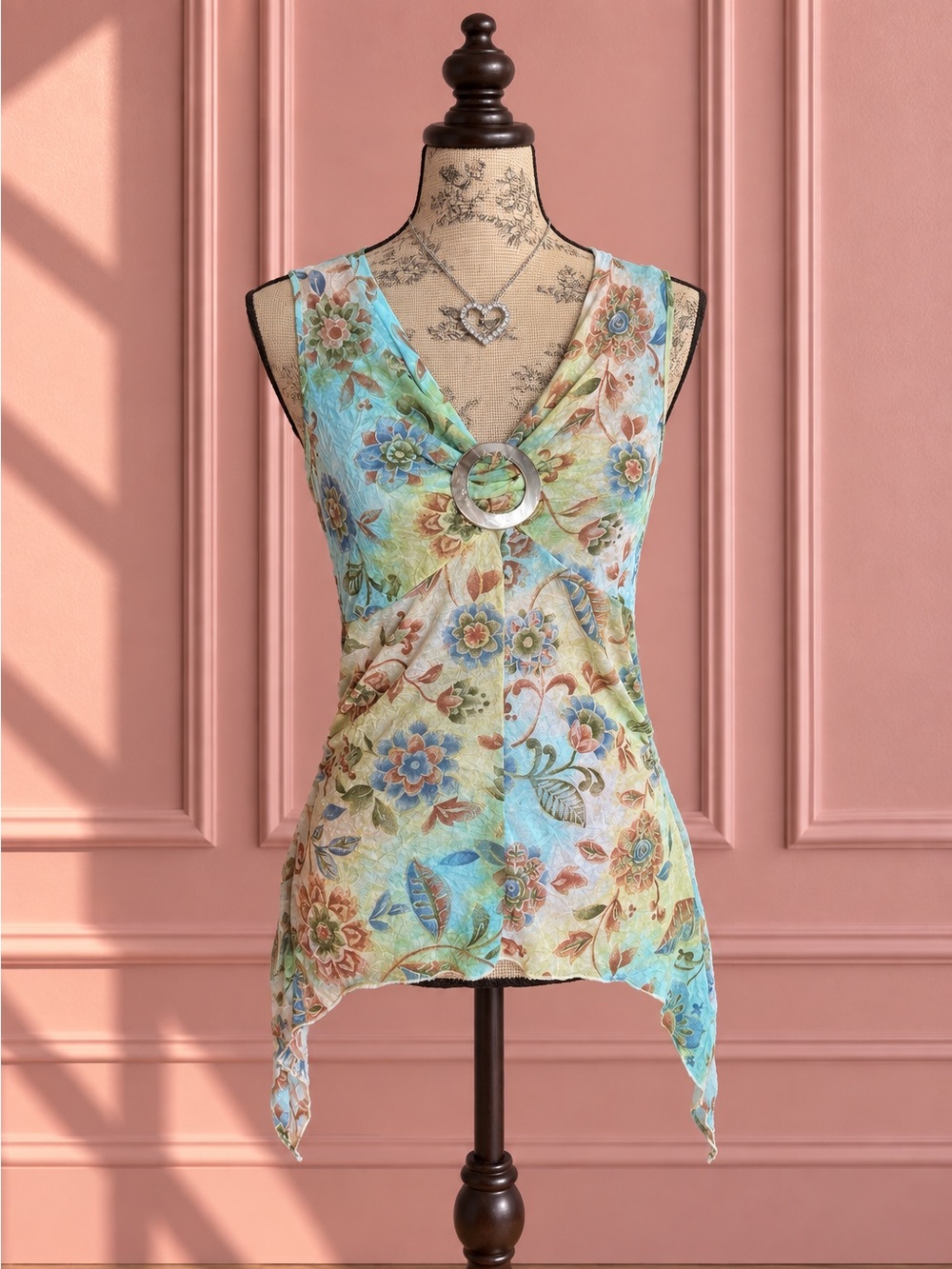 Y2K Floral V-Neck Sleeveless Tunic Top in Pastel Blue & Green Size S